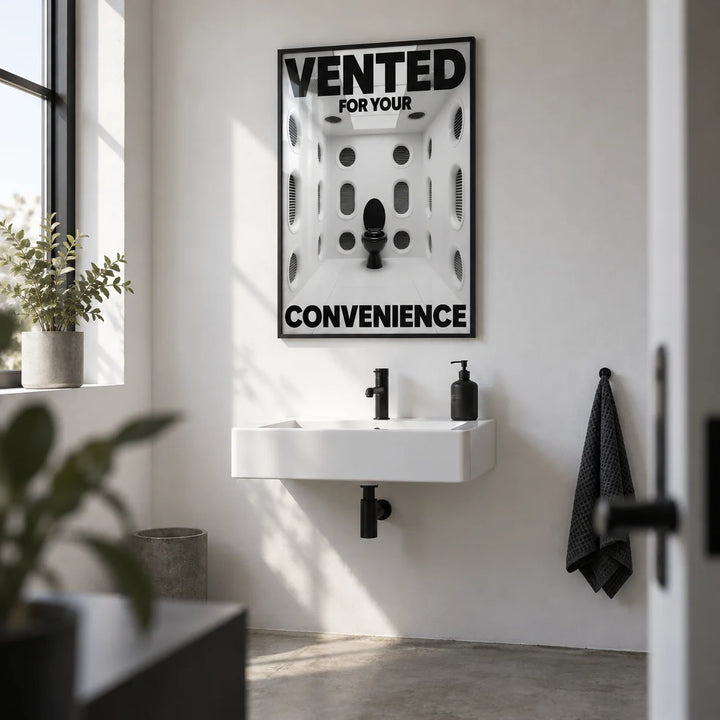 Funny Toilet Sign, framed on the wall of a small creative studio washroom with a plain white wall and a concrete floor