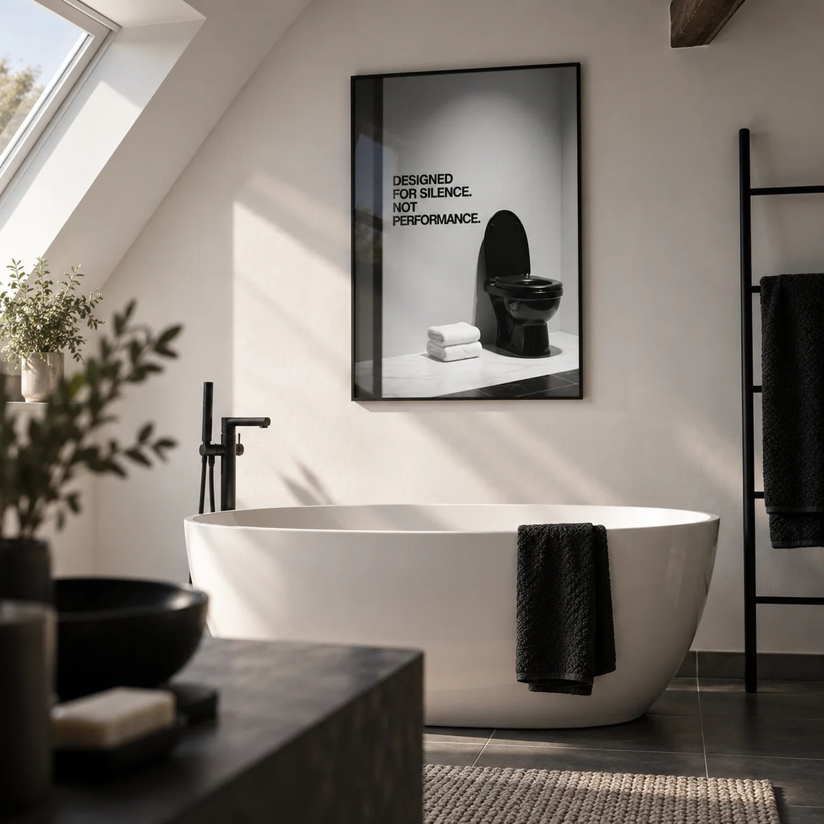 Funny Toilet Wall Art, framed on the wall of a loft bathroom with a sloping white ceiling