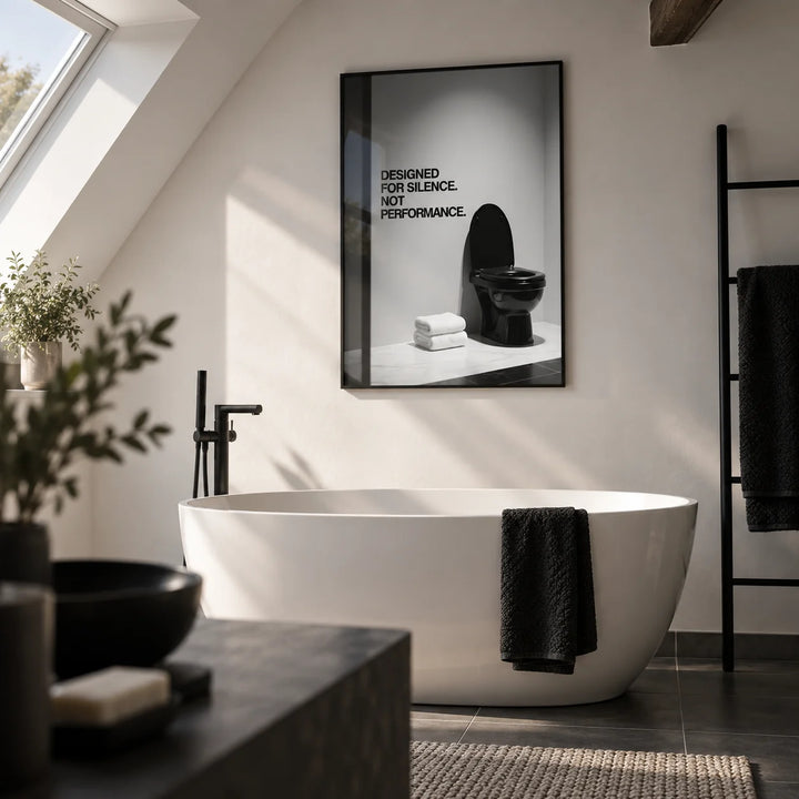Funny Toilet Wall Art, framed on the wall of a loft bathroom with a sloping white ceiling