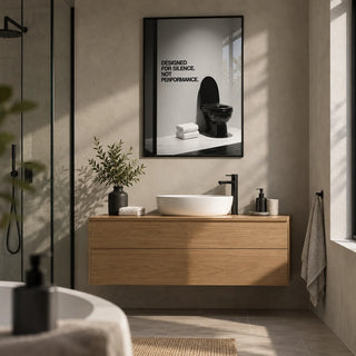 Funny Toilet Wall Art, framed on the wall of a modern en-suite with plain microcement walls