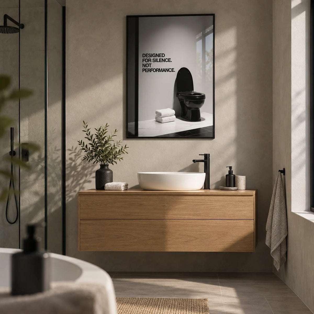 Funny Toilet Wall Art, framed on the wall of a modern en-suite with plain microcement walls