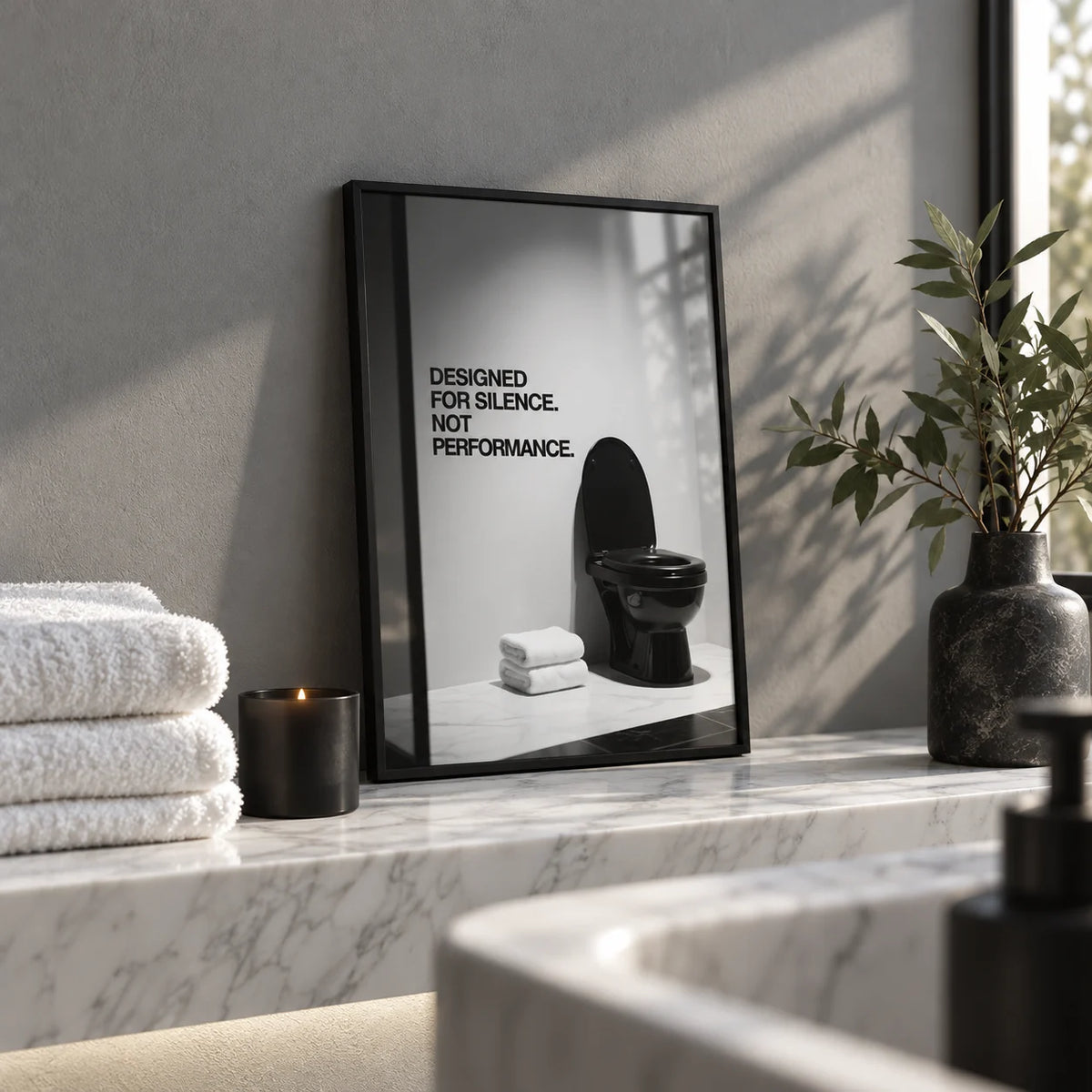 Funny Toilet Wall Art, a small A4 framed print leaning on a white marble bathroom shelf