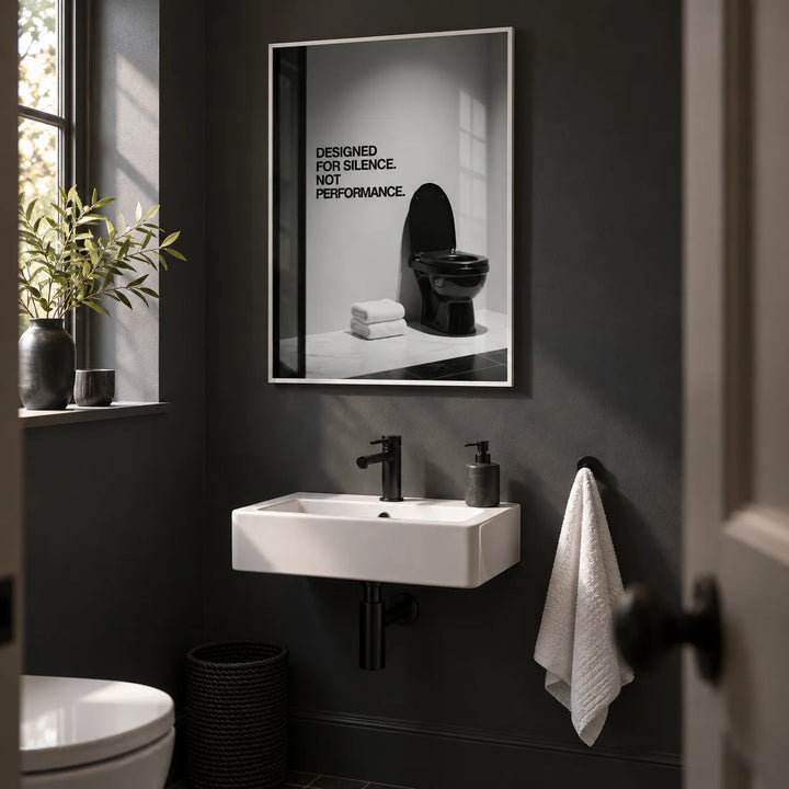 Funny Toilet Wall Art, framed on the wall of a small cloakroom loo with plain charcoal painted walls