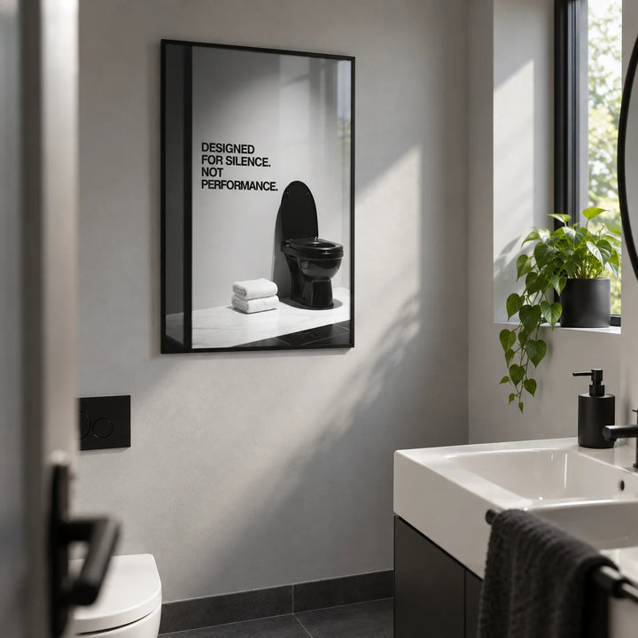 Funny Toilet Wall Art, framed on the wall of a smart small office washroom with a plain light grey wall