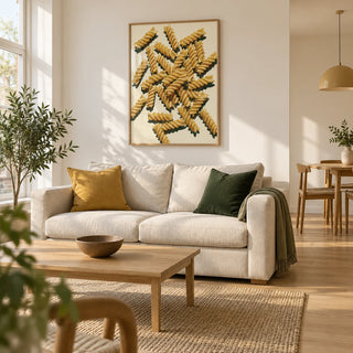 Fusilli Pasta Art, framed on the wall of a bright open-plan living and dining room in a UK flat with warm white walls and a pale oak floor