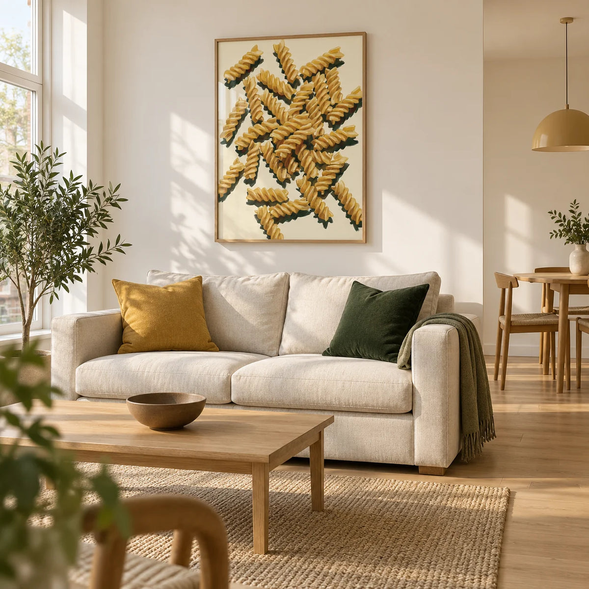 Fusilli Pasta Art, framed on the wall of a bright open-plan living and dining room in a UK flat with warm white walls and a pale oak floor
