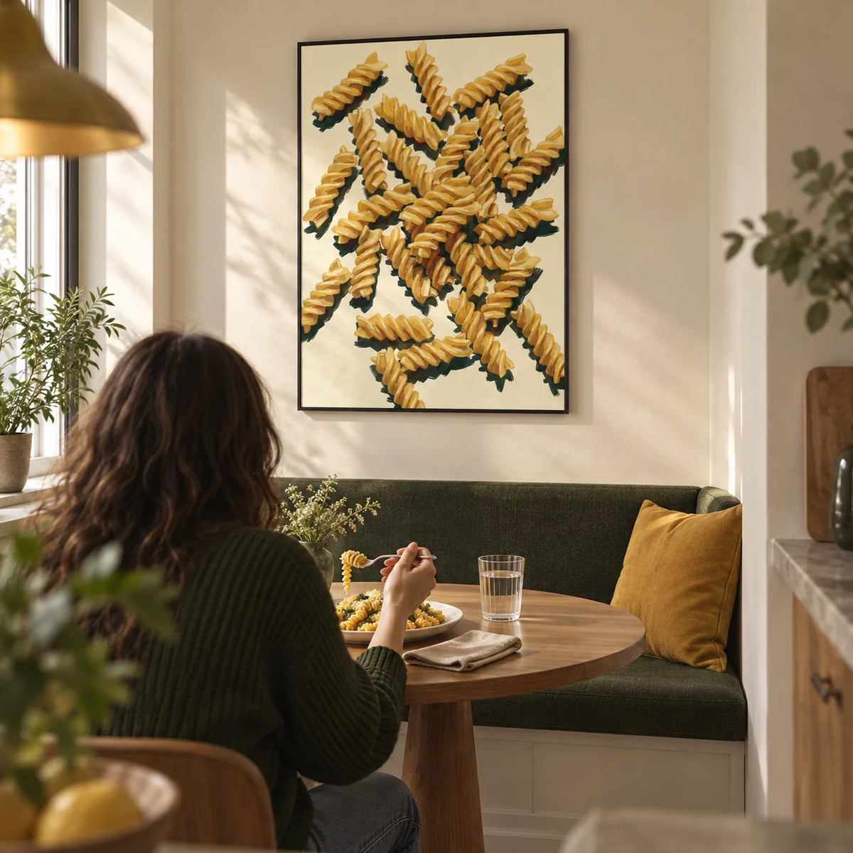 Fusilli Pasta Art, framed on the wall of a compact breakfast nook in a first UK flat for a couple aged 25-35 in a kitchen