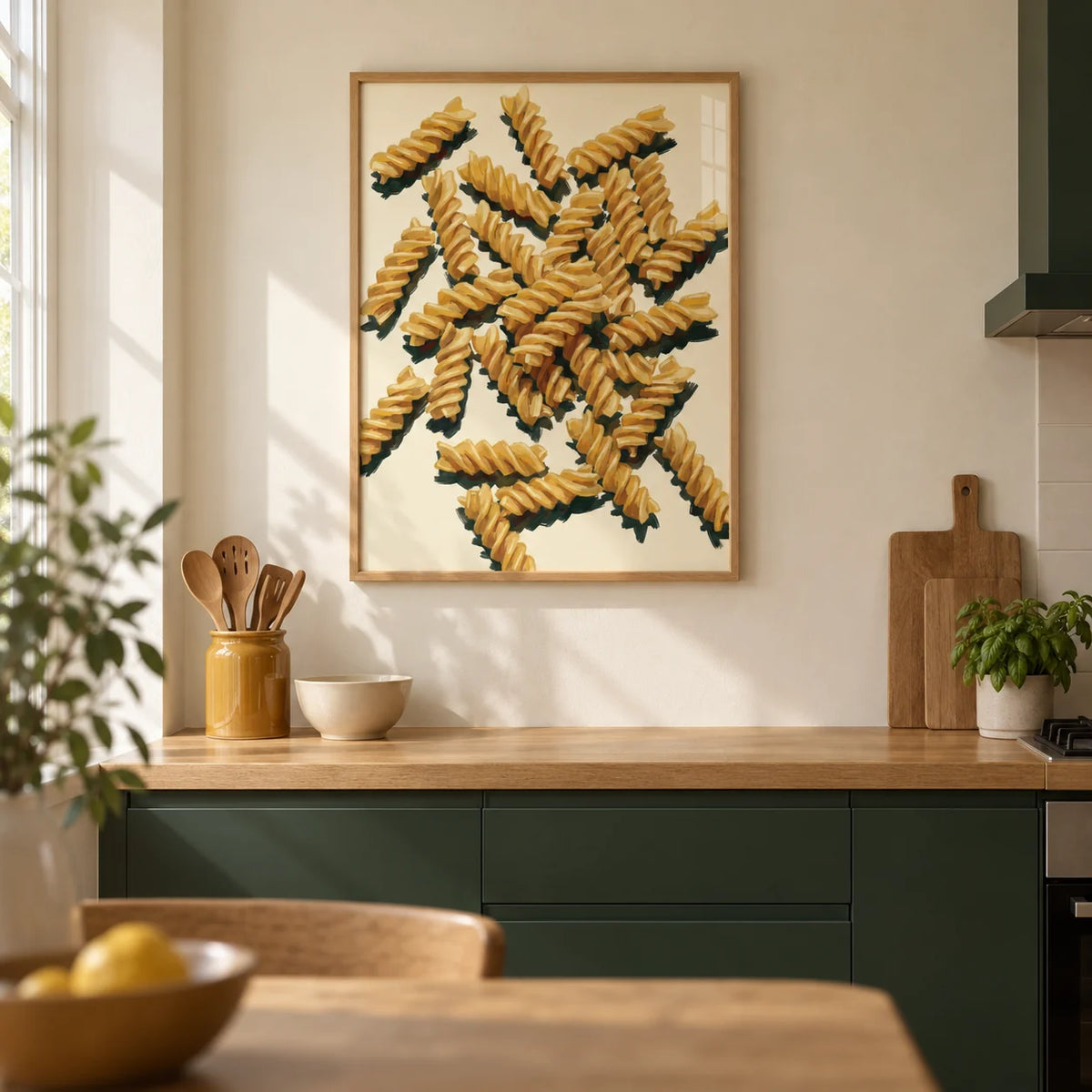 Fusilli Pasta Art, framed on the wall of a modern kitchen in a UK terrace with cream walls
