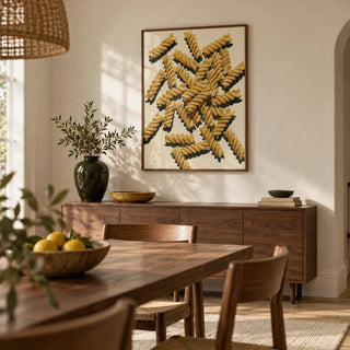 Fusilli Pasta Art, framed on the wall of a warm contemporary dining room in a UK home with ivory plaster walls and a walnut dining table