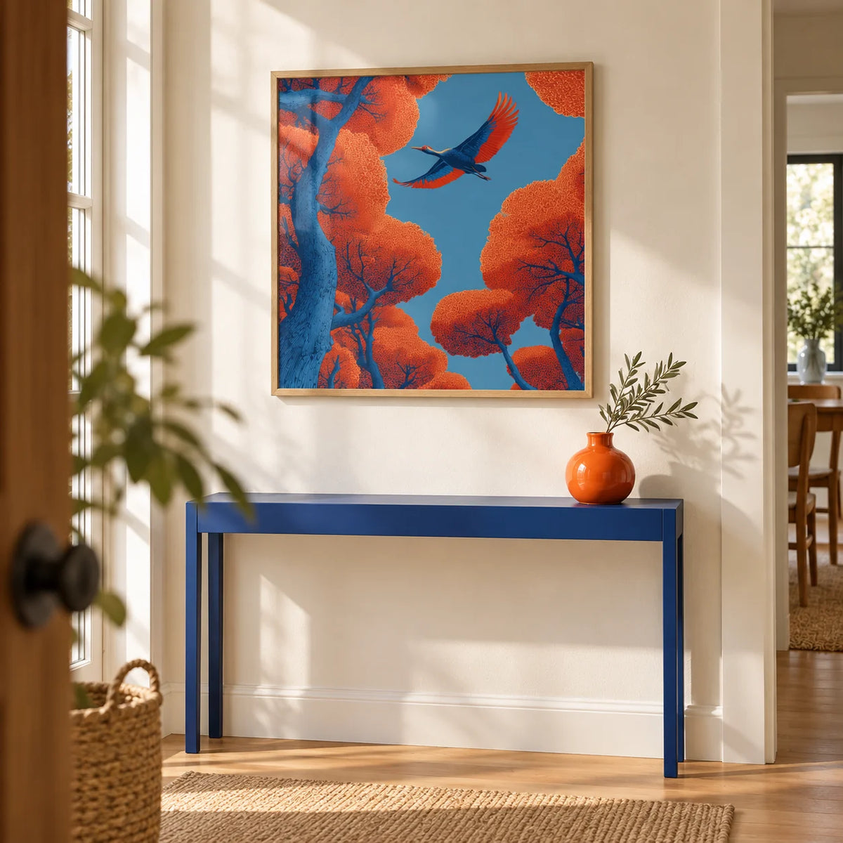 Fyling Bird Wall Decor, framed on the wall of a bright hallway with a cream wall