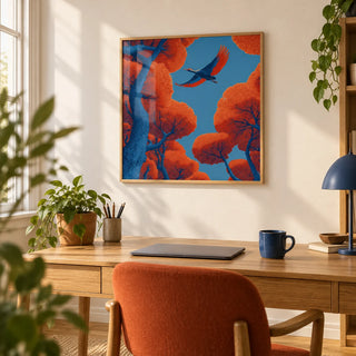 Fyling Bird Wall Decor, framed on the wall of a bright home office with a warm white wall