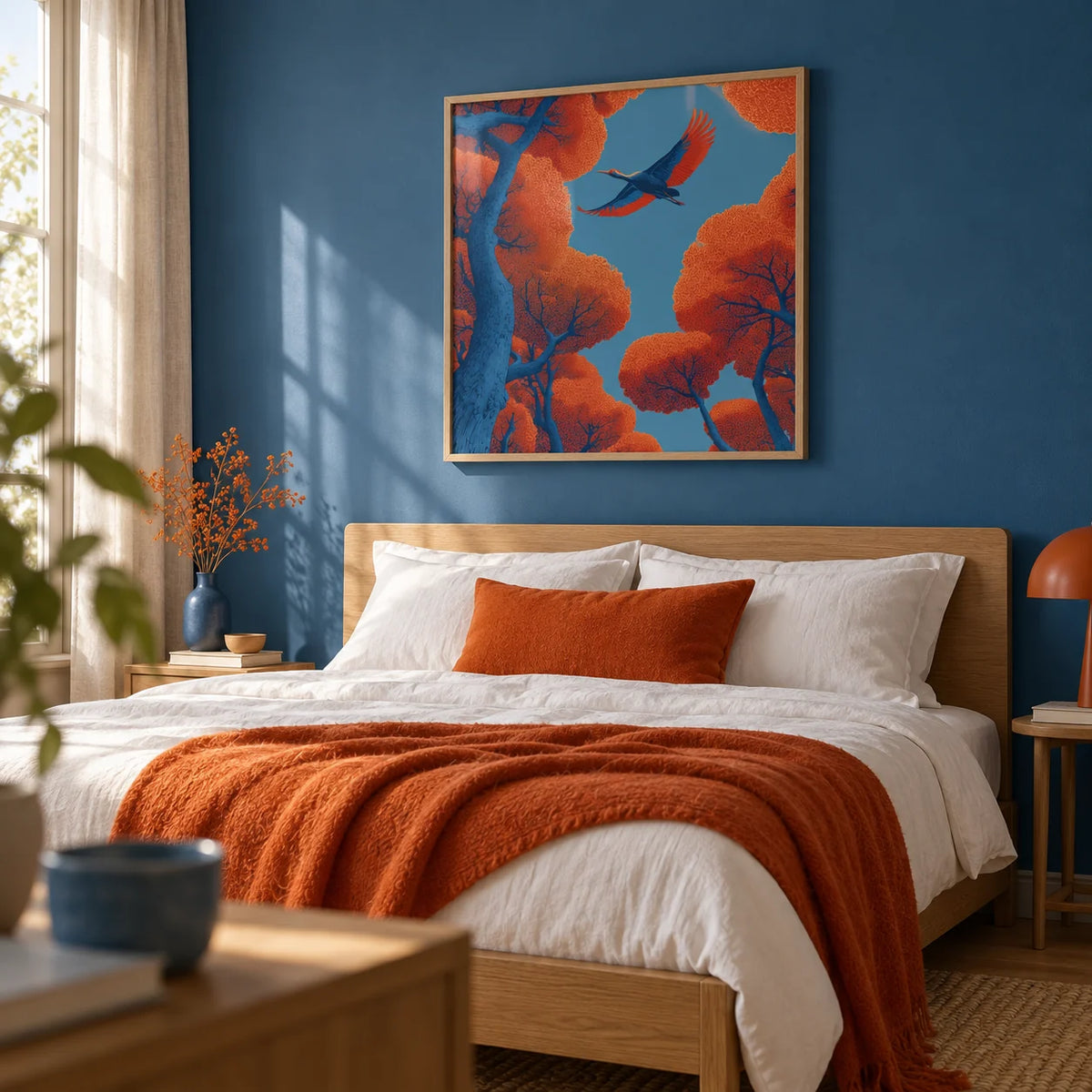 Fyling Bird Wall Decor, framed on the wall of a calm bedroom with a soft cobalt blue painted wall