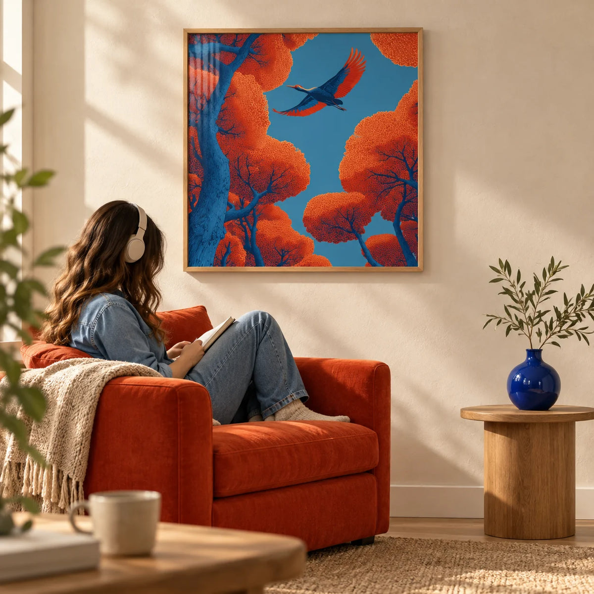 Fyling Bird Wall Decor, framed on the wall of a calm modern living room with a warm cream plaster wall