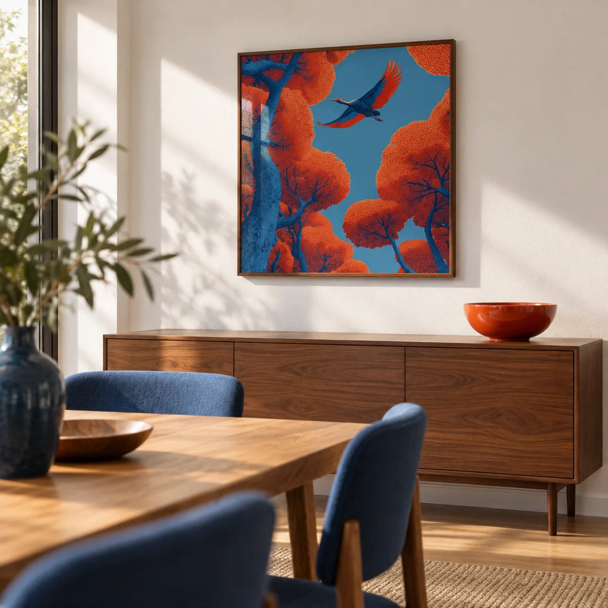 Fyling Bird Wall Decor, framed on the wall of a modern dining room with a white wall
