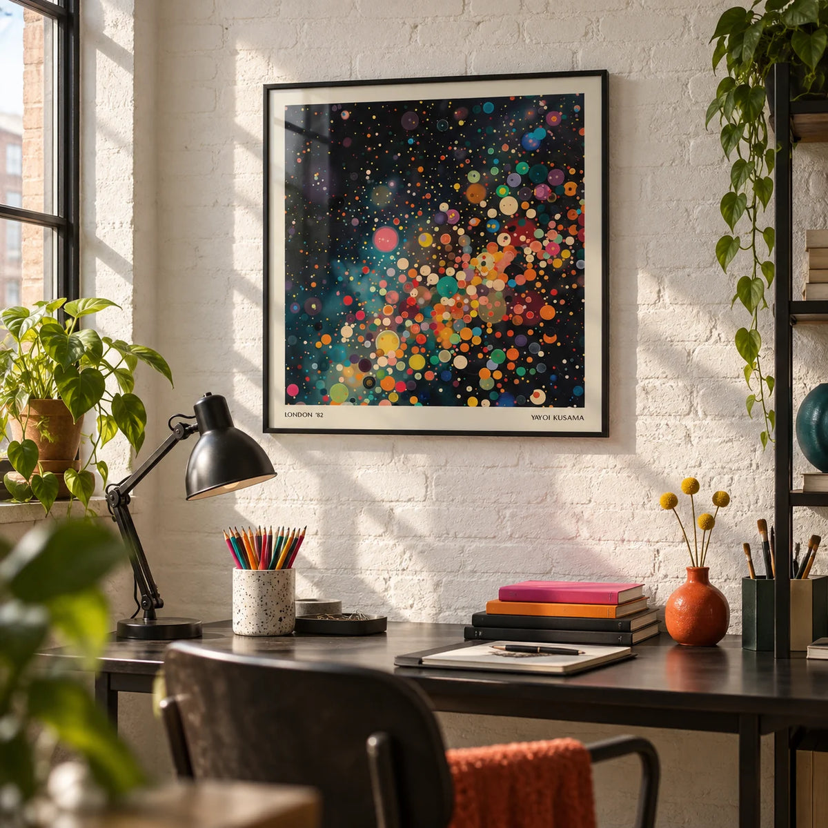 Galaxy Posters, framed on the wall of a design studio corner with a white brick wall in a home office