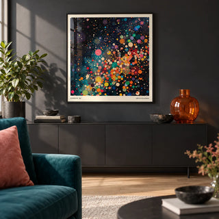 Galaxy Posters, framed on the wall of a modern living room with a deep charcoal wall and a pale oak floor