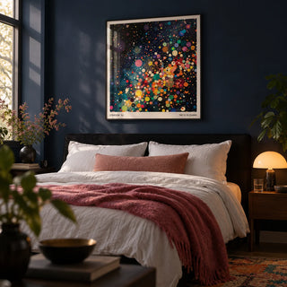 Galaxy Posters, framed on the wall of a moody bedroom with a deep navy painted wall