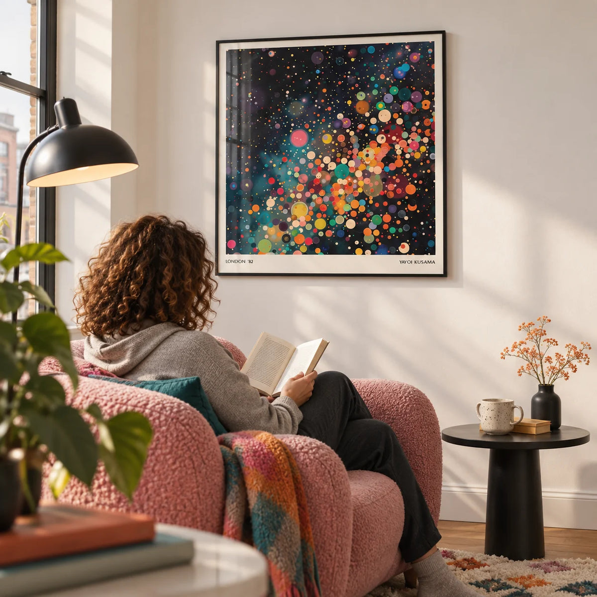Galaxy Posters, framed on the wall of a reading corner in a city flat with a white wall in a living room