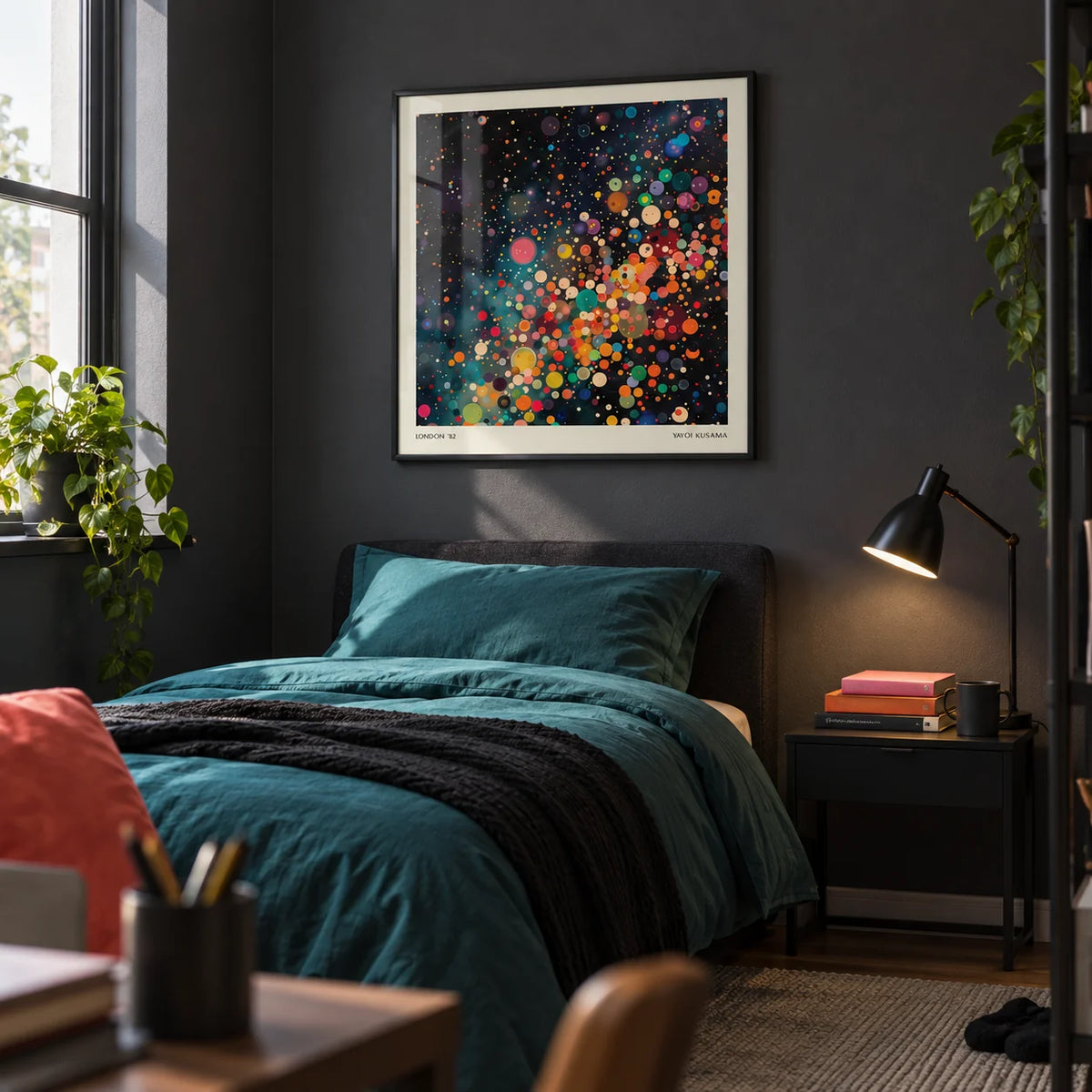 Galaxy Posters, framed on the wall of a teen boy's bedroom (13-17) with a dark grey wall