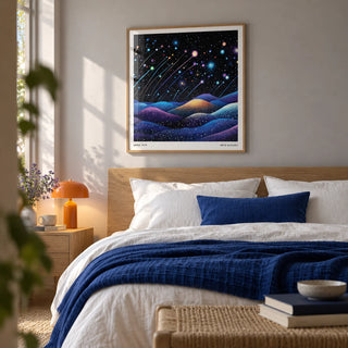 Galaxy Wall Art, framed on the wall of a calm bedroom with a soft grey wall
