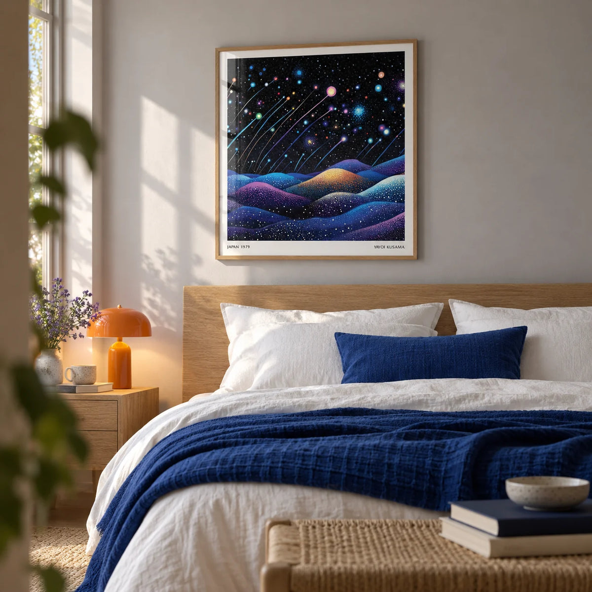 Galaxy Wall Art, framed on the wall of a calm bedroom with a soft grey wall