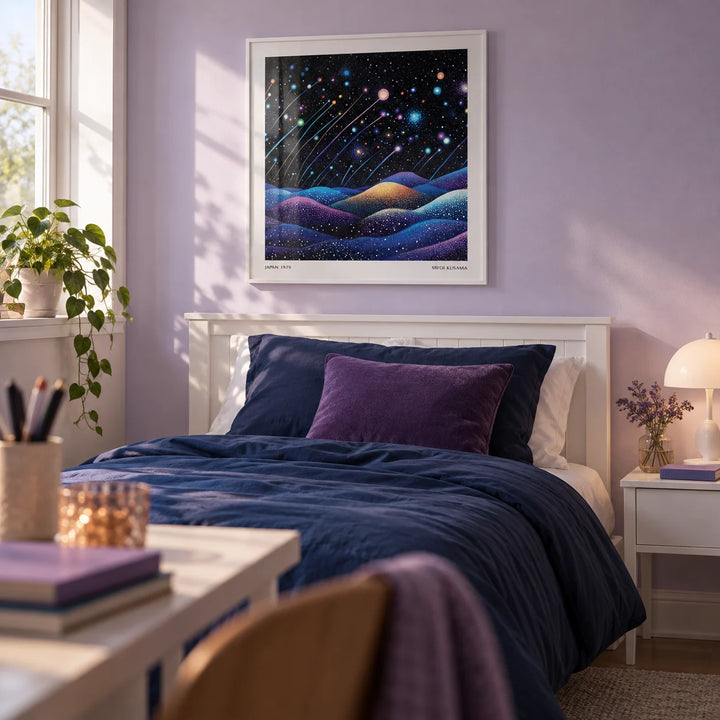 Galaxy Wall Art, framed on the wall of a calm teen girl's bedroom (13-17) with a soft lilac painted wall