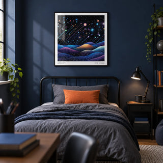 Galaxy Wall Art, framed on the wall of a modern teen boy's bedroom (13-17) with a deep navy painted wall