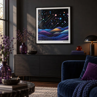 Galaxy Wall Art, framed on the wall of a moody living room with a charcoal wall