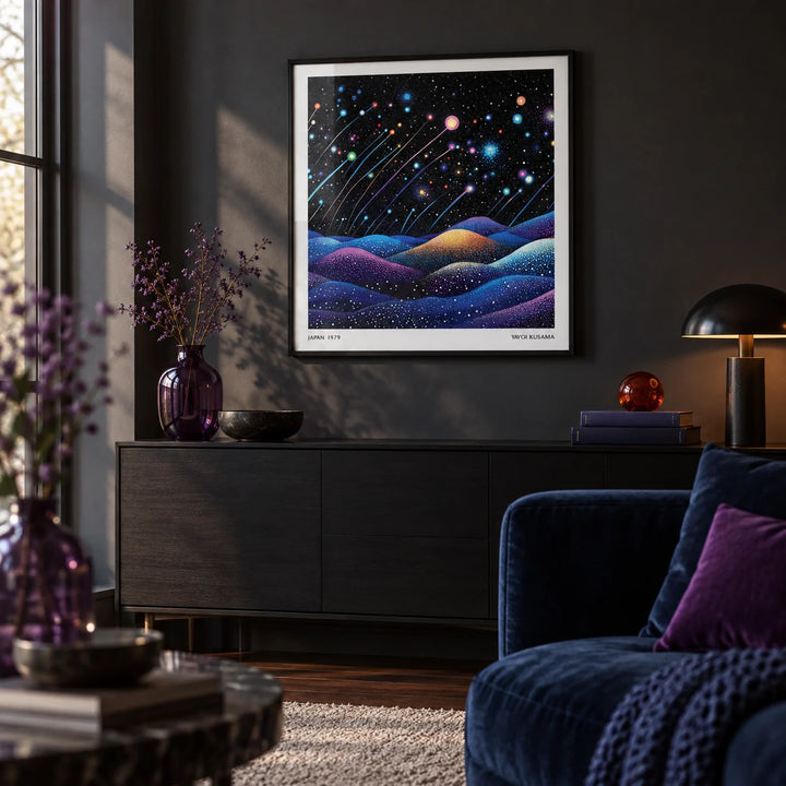 Galaxy Wall Art, framed on the wall of a moody living room with a charcoal wall