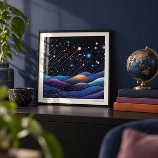 Galaxy Wall Art, a small A4 framed print leaning on a black shelf in a living room
