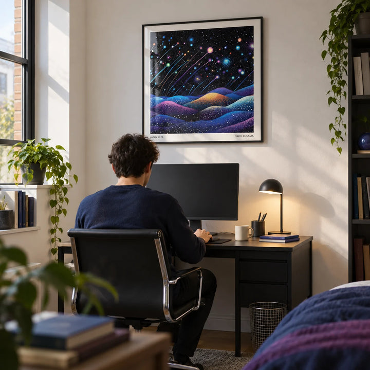 Galaxy Wall Art, framed on the wall of a young adult's study (18-25) with a white wall