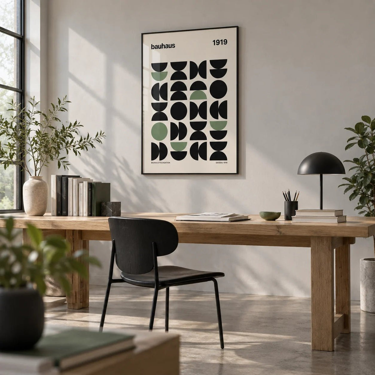 Gallery Print, framed on the wall of a design studio with a polished concrete floor and a pale grey wall in a home office