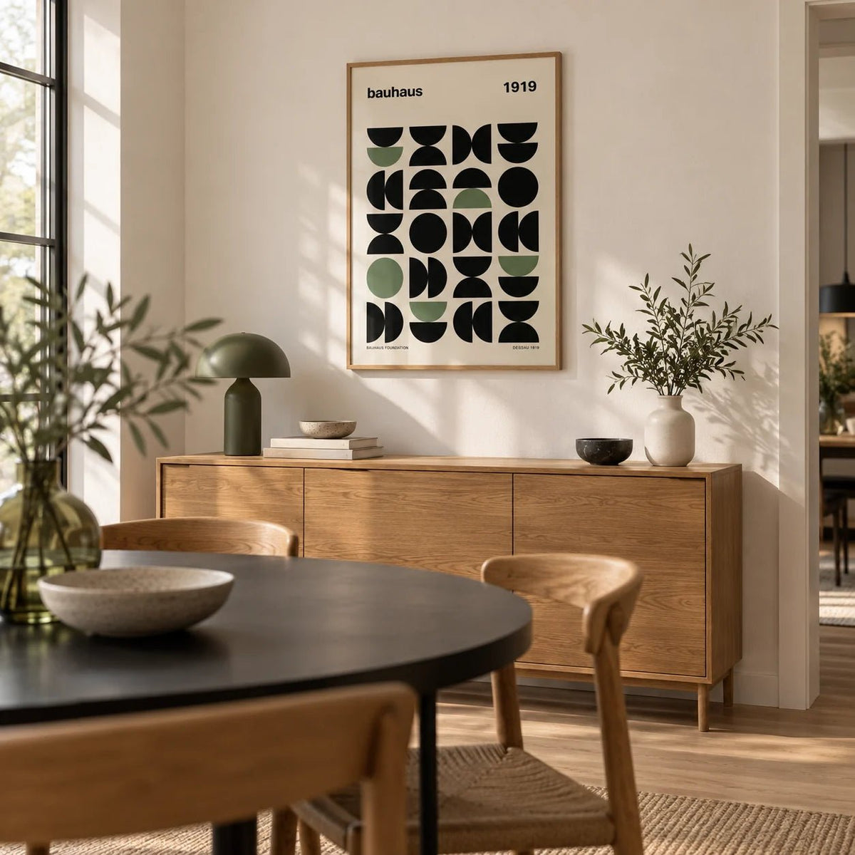 Gallery Print, framed on the wall of a modern dining room with a warm white wall
