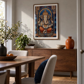 Ganesha Wall Art, framed on the wall of a contemporary dining room in a UK family home with pale grey plaster walls