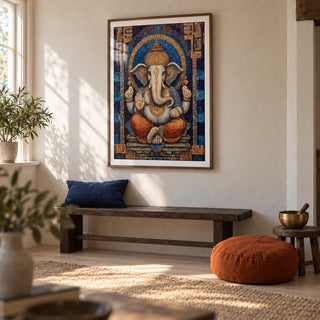 Ganesha Wall Art, framed on the wall of a peaceful meditation room in a British home with warm white limewashed walls and a pale timber floor