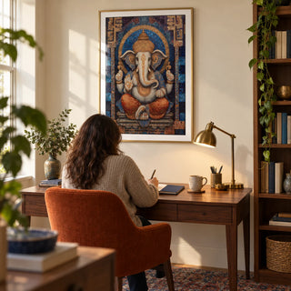 Ganesha Wall Art, framed on the wall of a quiet home study with a warm ivory wall and a tall plain wooden bookcase along the side wall