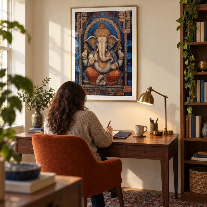 Ganesha Wall Art, framed on the wall of a quiet home study with a warm ivory wall and a tall plain wooden bookcase along the side wall