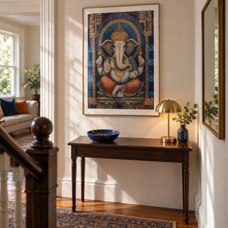 Ganesha Wall Art, framed on the wall of a welcoming hallway in a Victorian family home with warm white walls and restored timber flooring