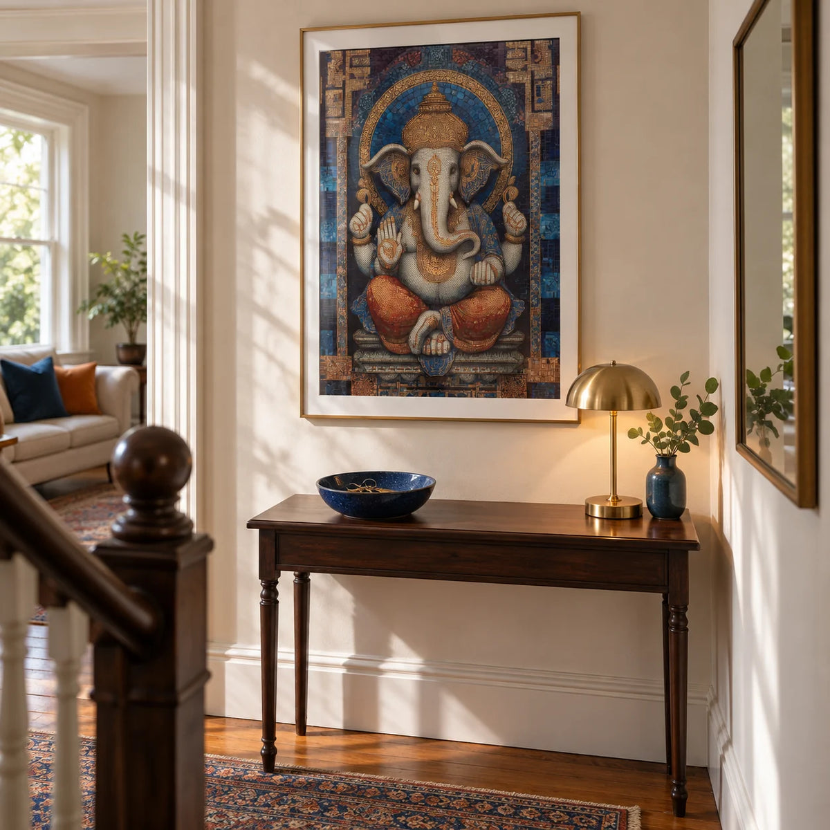 Ganesha Wall Art, framed on the wall of a welcoming hallway in a Victorian family home with warm white walls and restored timber flooring