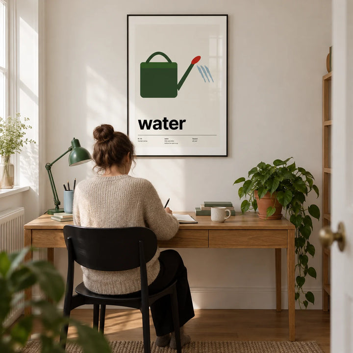 Garden Poster, framed on the wall of a modern home study in a UK terraced house with an off-white wall and oak floor