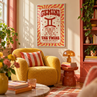 Gemini Poster, framed on the wall of a cosy colourful reading nook in a living room