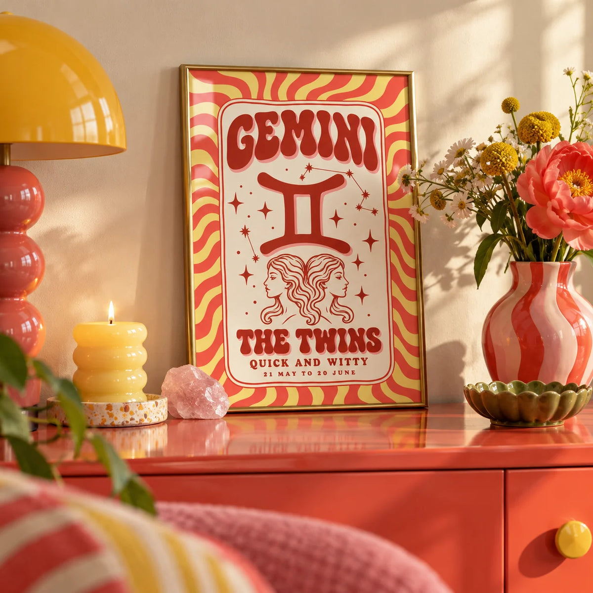 Gemini Poster, a small A4 framed print leaning on a colourful lacquered shelf in a living room