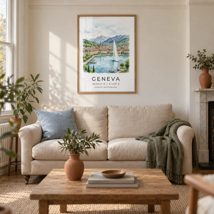 Geneva Landscape Art Print, framed on the wall of a calm living room in a UK Victorian terrace with warm white plaster walls