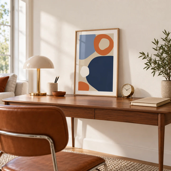 Geometric Abstract Art, a small A4 framed print leaning on a slim walnut desk