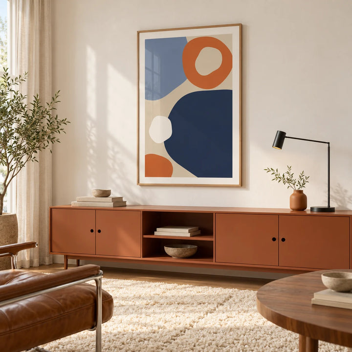 Geometric Abstract Art, framed on the wall of a warm minimal room with a cream wall and a shaggy cream rug in a home office
