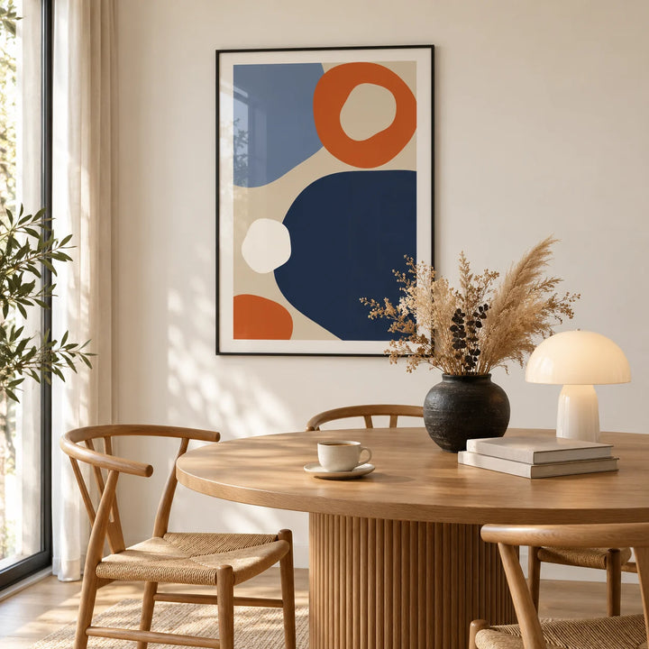 Geometric Abstract Art, framed on the wall of a warm in a dining room