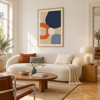 Geometric Abstract Wall Art, framed on the wall of a bright apartment living room with white walls and honey herringbone parquet