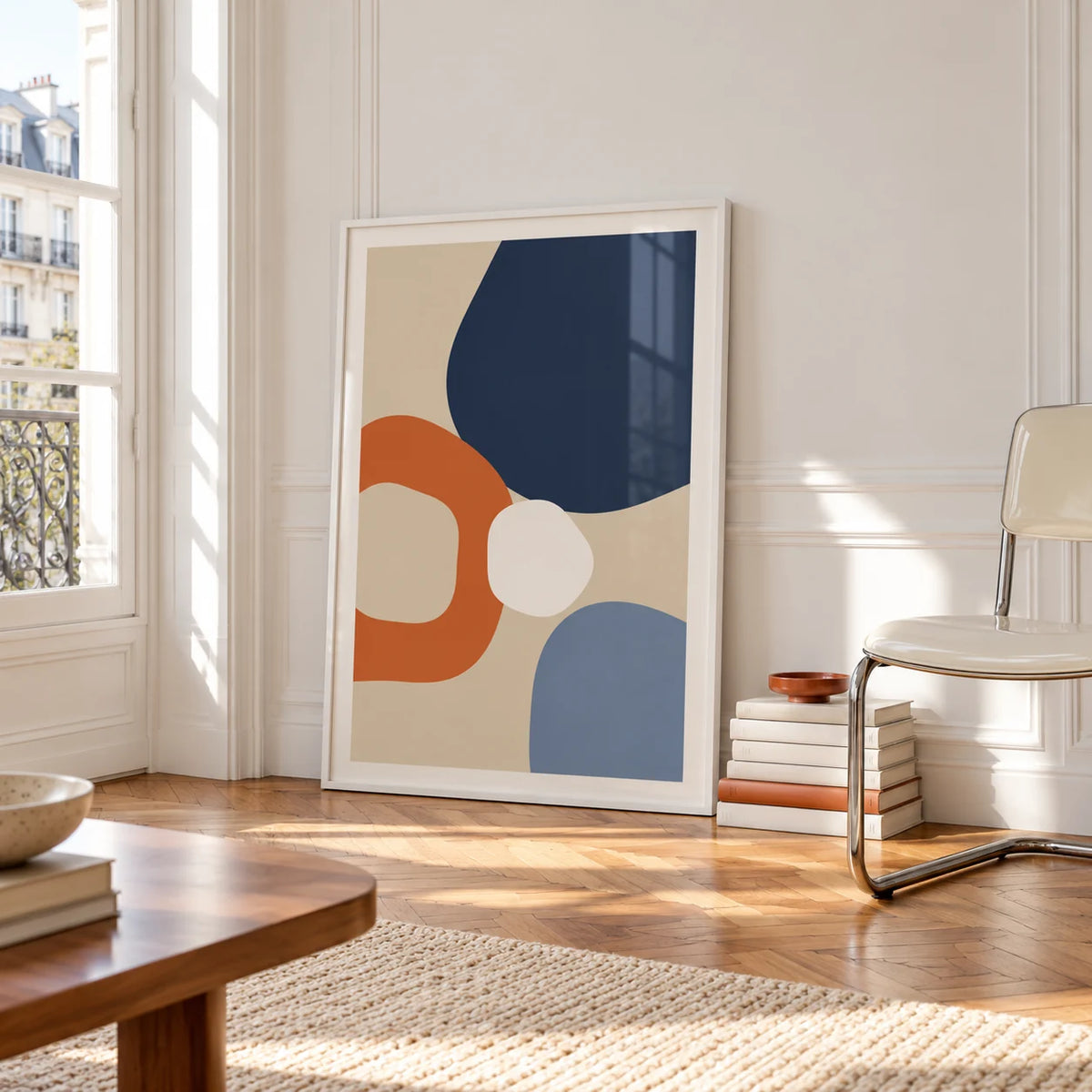 Geometric Abstract Wall Art, framed on the wall of a bright