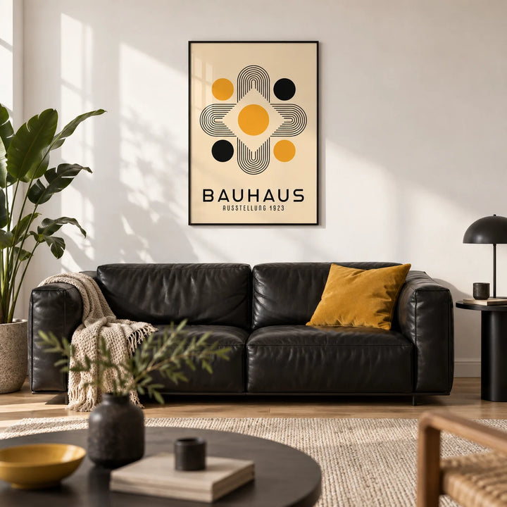 Geometric Abstract Wall Art, framed on the wall of a design-led city flat living room with a white wall and a light oak floor