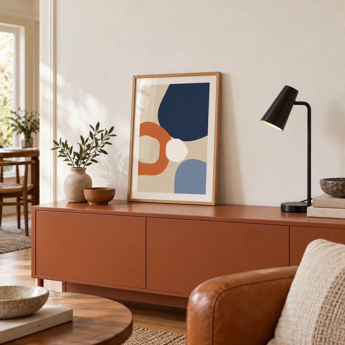 Geometric Abstract Wall Art, a small A4 framed print leaning on a shelf